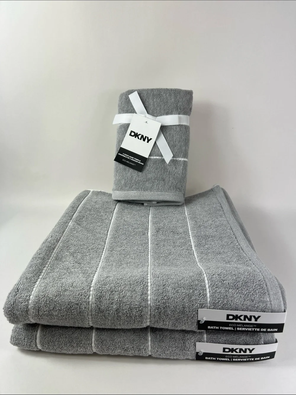 DKNY Bath Towel Set Eco Melange Light Gray White Soft Cotton 4 Pc Set NEW